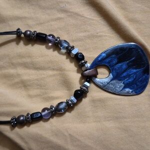 Vintage boho-style Beaded Blue Silver Swirl  teardrop-shaped pendant Necklace